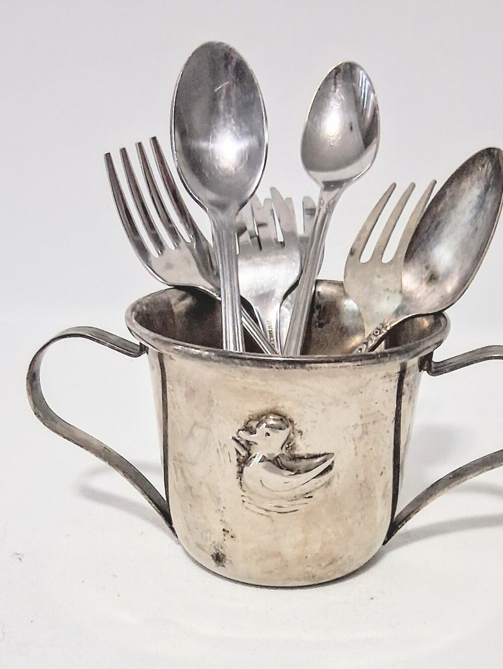 60s Silver Plate, Double Handled Baby Cup - Variety Of Vintage Baby Utensils